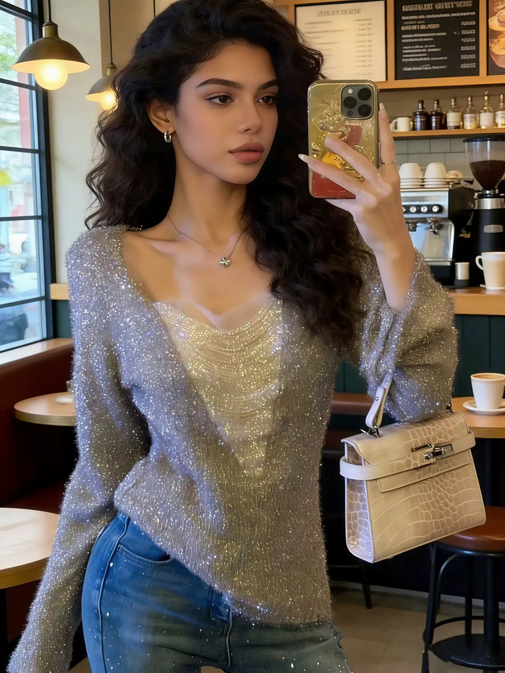 Zara Silver Line Knit Sweater Long Sleeve Spring Autumn Top